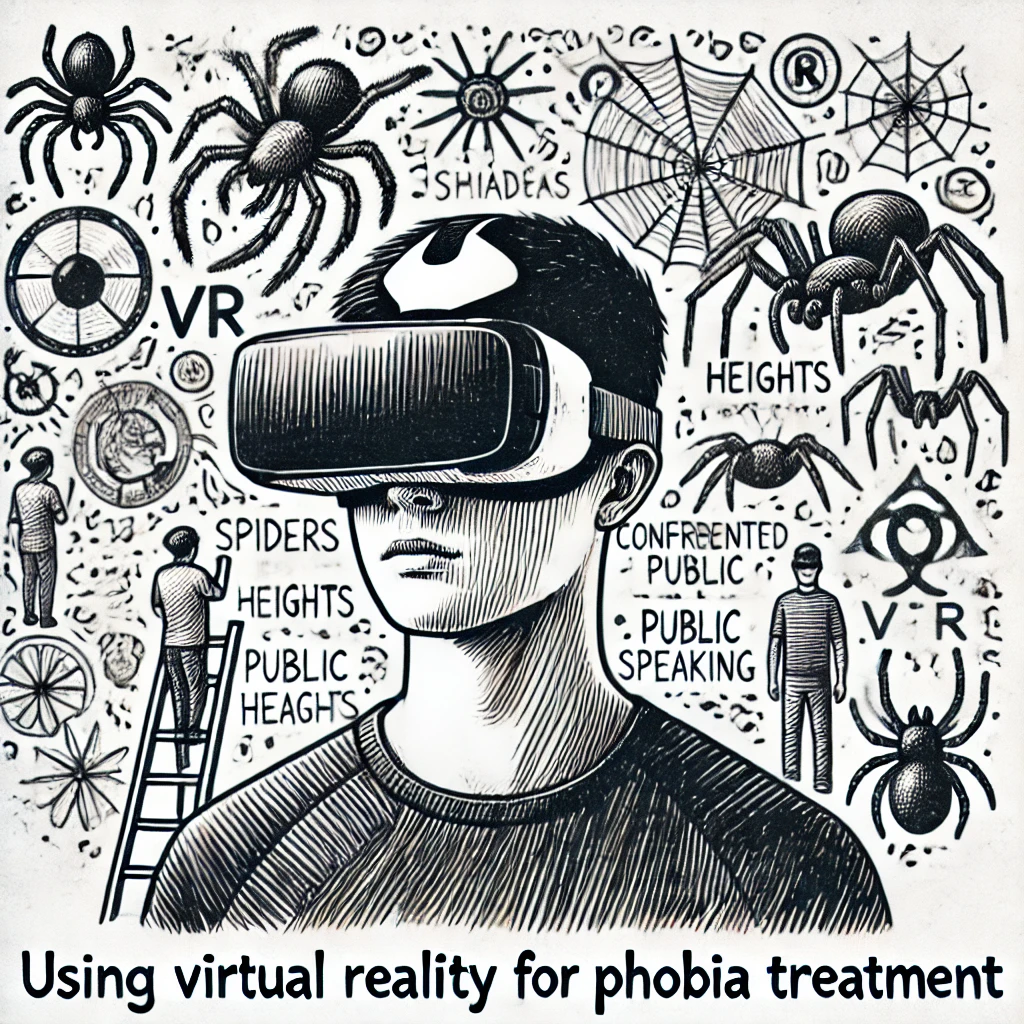 가상 현실(VR) 기술을 활용한 공포증 치료를 하고 있는 한 소년의 그림