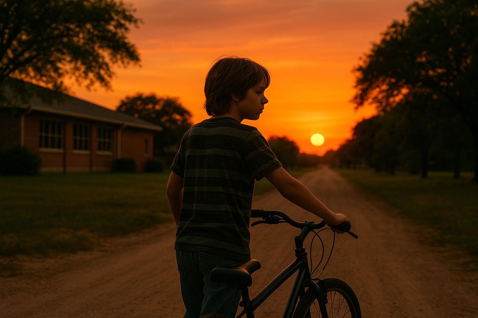 &ldquo;자전거를 끌고 가는 소년이 석양 아래 미국 소도시의 비포장 도로를 걷고 있는 장면. 붉게 물든 하늘과 나무, 작은 학교 건물이 배경에 있다.&rdquo;