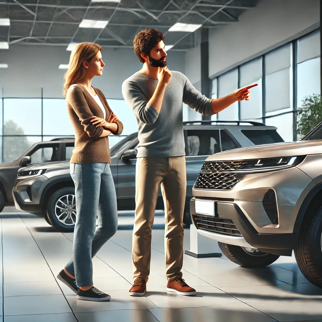 차를 꼼꼼하게 고르고 있는 부부 사진