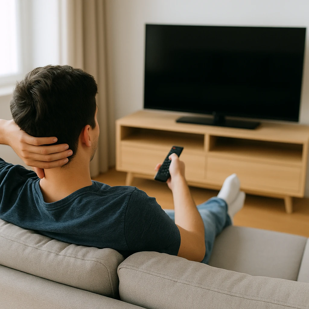 TV수신료-통합-징수-블로그-글-남자가-쇼파에-앉아-리모콘을-들고-TV를-보려는-뒷모습-사진