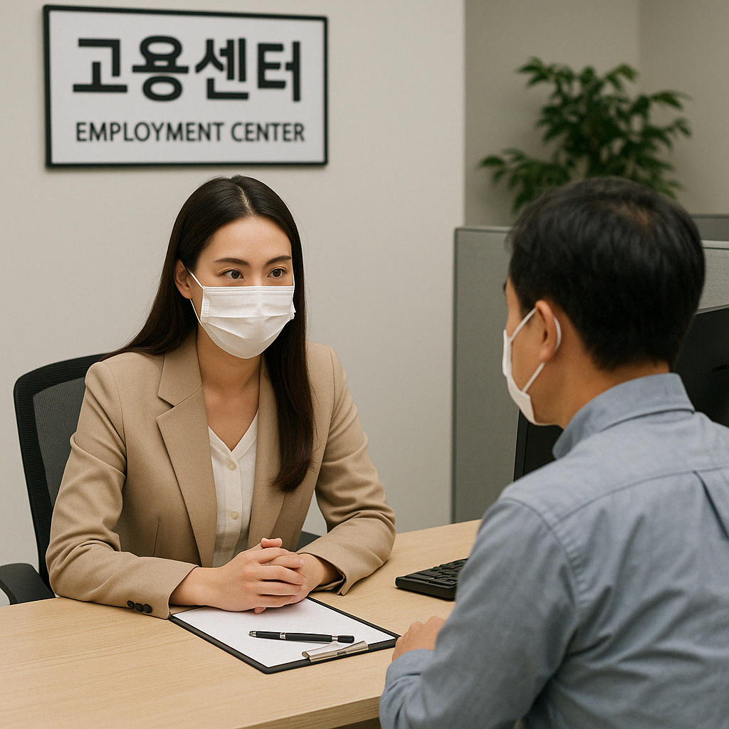 마스크를 쓴 여성 상담사가 ‘고용센터’ 간판 아래 책상 건너편에 앉은 남성 구직자를 마주 보며 클립보드 위에 펜을 올려놓고 진지하게 상담하는 모습