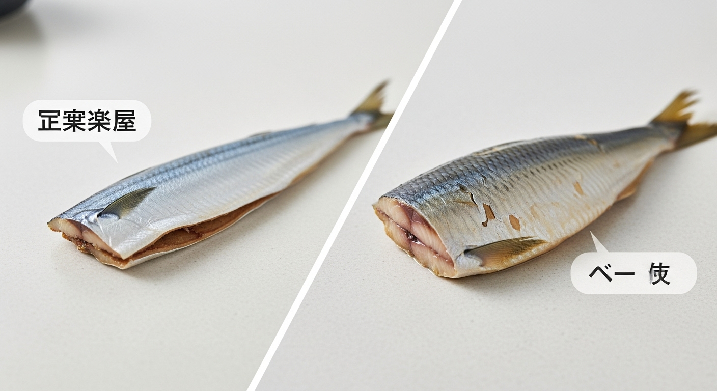 꽁치와 청어의 생김새와 조리된 단면을 비교하는 이미지.