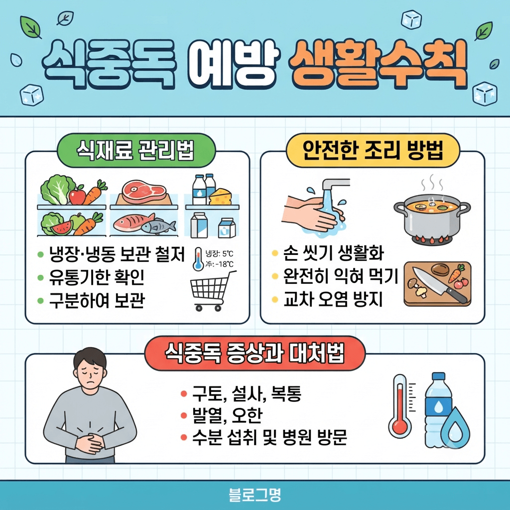 식중독 예방 생활수칙 (식재료 관리법, 안전한 조리 방법, 식중독 증상과 대처법)