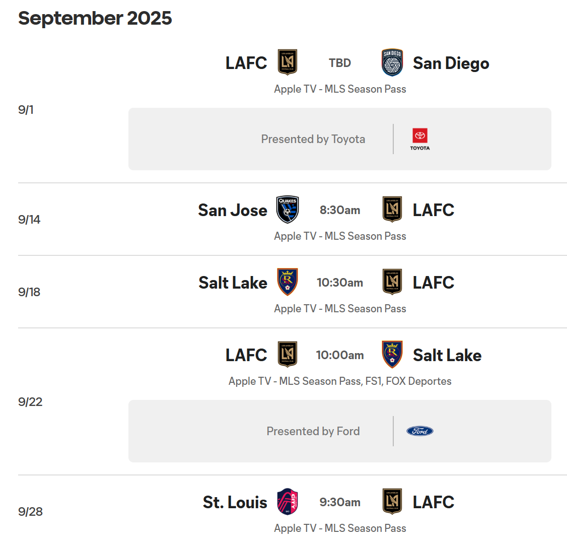 MLS 9월 경기 일정