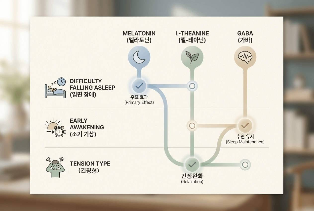 멜라토닌, L-테아닌, GABA를 불면 유형(잠들기 어려움, 새벽 각성, 긴장형)으로 나눈 비교 도식. 텍스트 없이 아이콘과 도형 중심으로 표현.