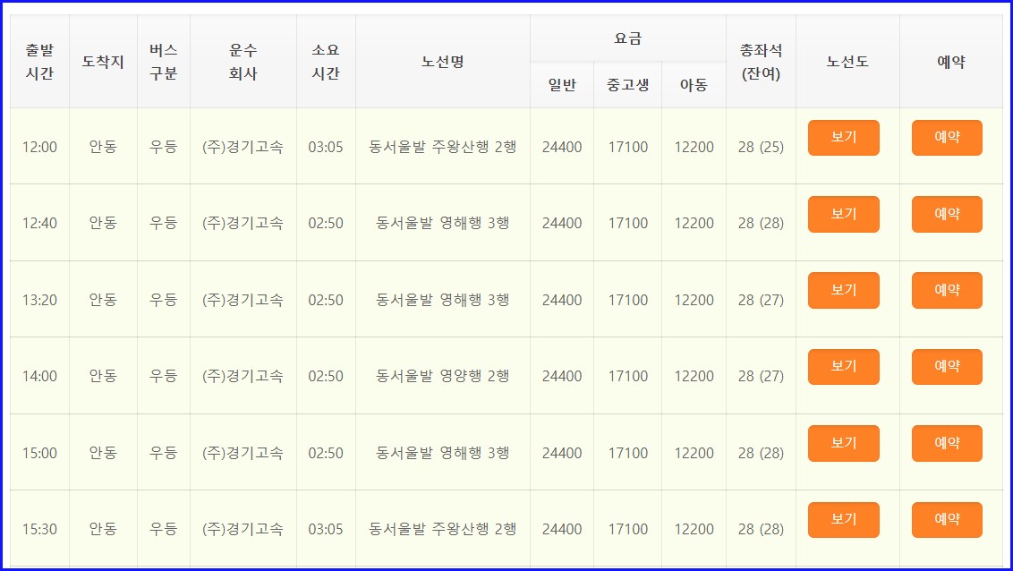 고속버스 동서울터미널 시간표 예매 주차