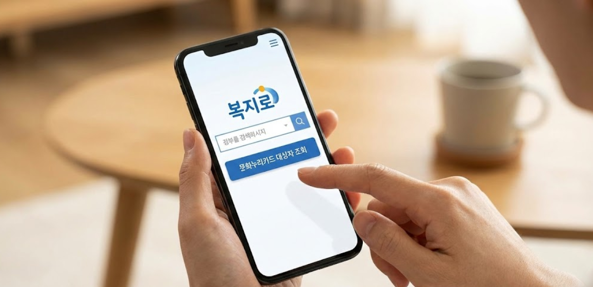 스마트폰으로 주민센터 홈페이지나 복지로 사이트를 확인하는 손 모습