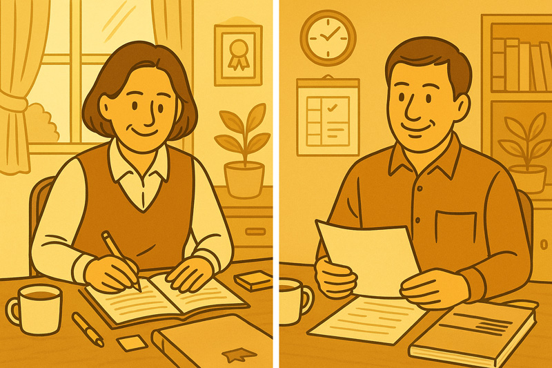 중장년 남성과 여성이 실내에서 자격증 시험 공부와 상담을 진행하는 모습