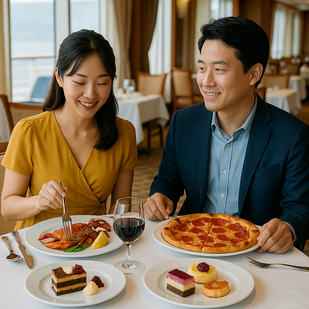 크루즈에서 음식을 즐기는 부부