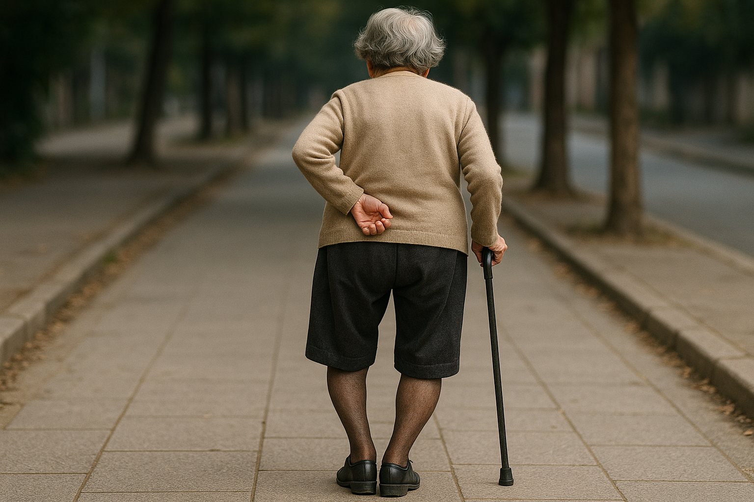 관절이 불편해 보이는 여성 노인이 한 손은 뒷짐, 다른 손은 지팡이를 짚고 길을 걷는 모습