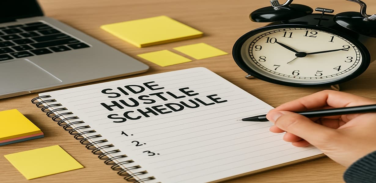 부업 루틴을 계획하는 사람의 책상 위 – 알람시계, 노트북, 메모지가 놓여 있고 노트에는 SIDE HUSTLE SCHEDULE이라고 적혀 있음