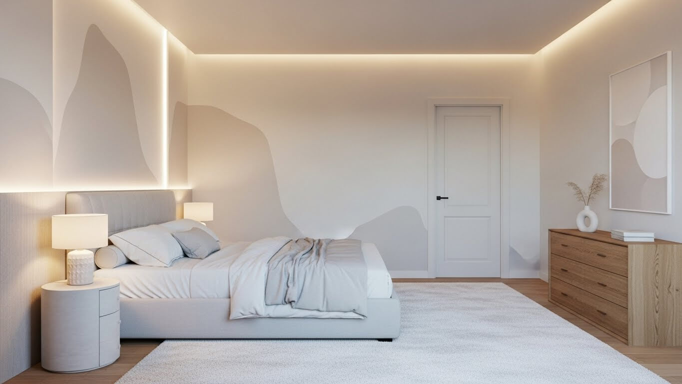 천장 간접조명과 부드러운 조명이 어우러진 호텔 스타일 침실 인테리어. 심플한 레이아웃과 안정적인 침대 방향이 돋보이는 숙면 공간.