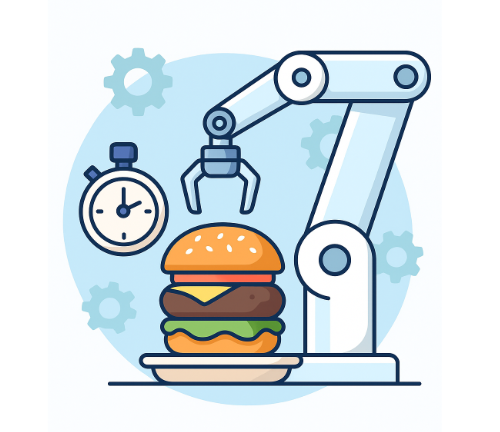 로봇이 햄버거를 조립하는 상상 장면을 담은 일러스트 이미지