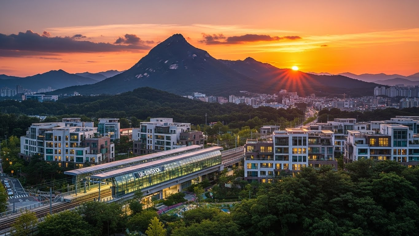 인수봉을 배경으로 한 우이동의 평화로운 전경