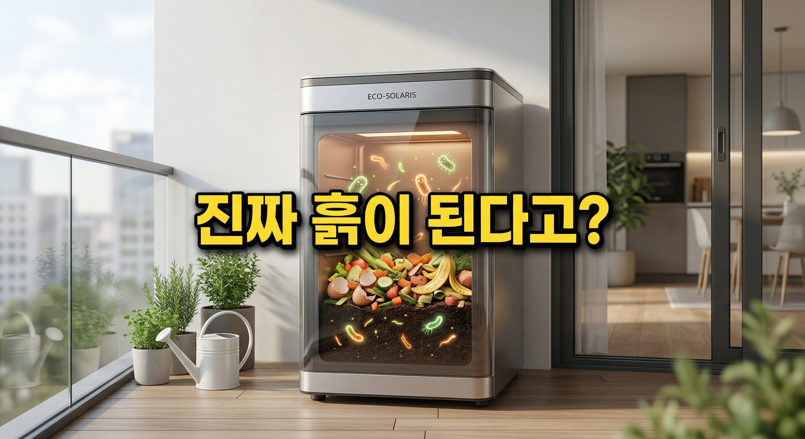 베란다에 놓인 미생물 음식물 처리기 기계 배경에 짙은 그림자와 외곽선으로 선명하게 강조된 '진짜 흙이 된다고?'라는 한글 문구가 중앙에 적힌 3D 일러스트