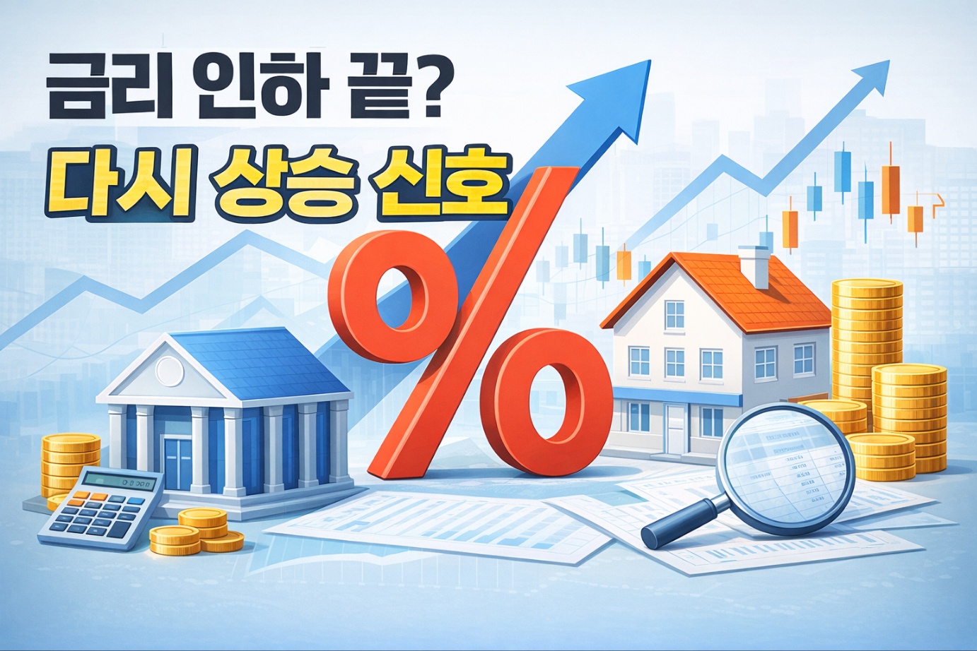 금리 상승 화살표와 퍼센트 기호, 은행과 주택 아이콘을 통해 시중 금리 상승 신호와 대출·예금·부동산 시장에 미치는 영향을 시각적으로 표현한 금융 시장 전망 이미지