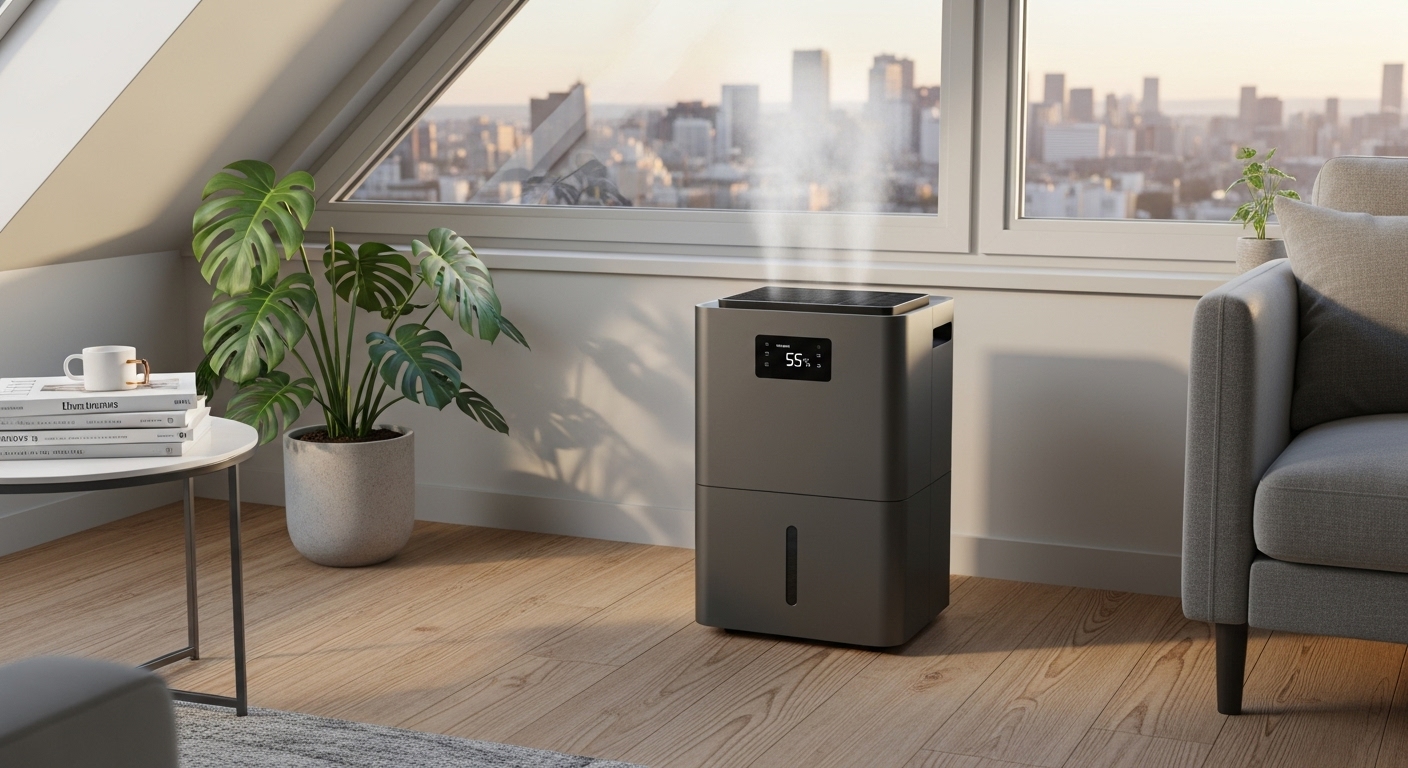 효율적인 제습기가 작동하며 실내 습도를 쾌적하게 유지하는 현대적인 아파트 공간.