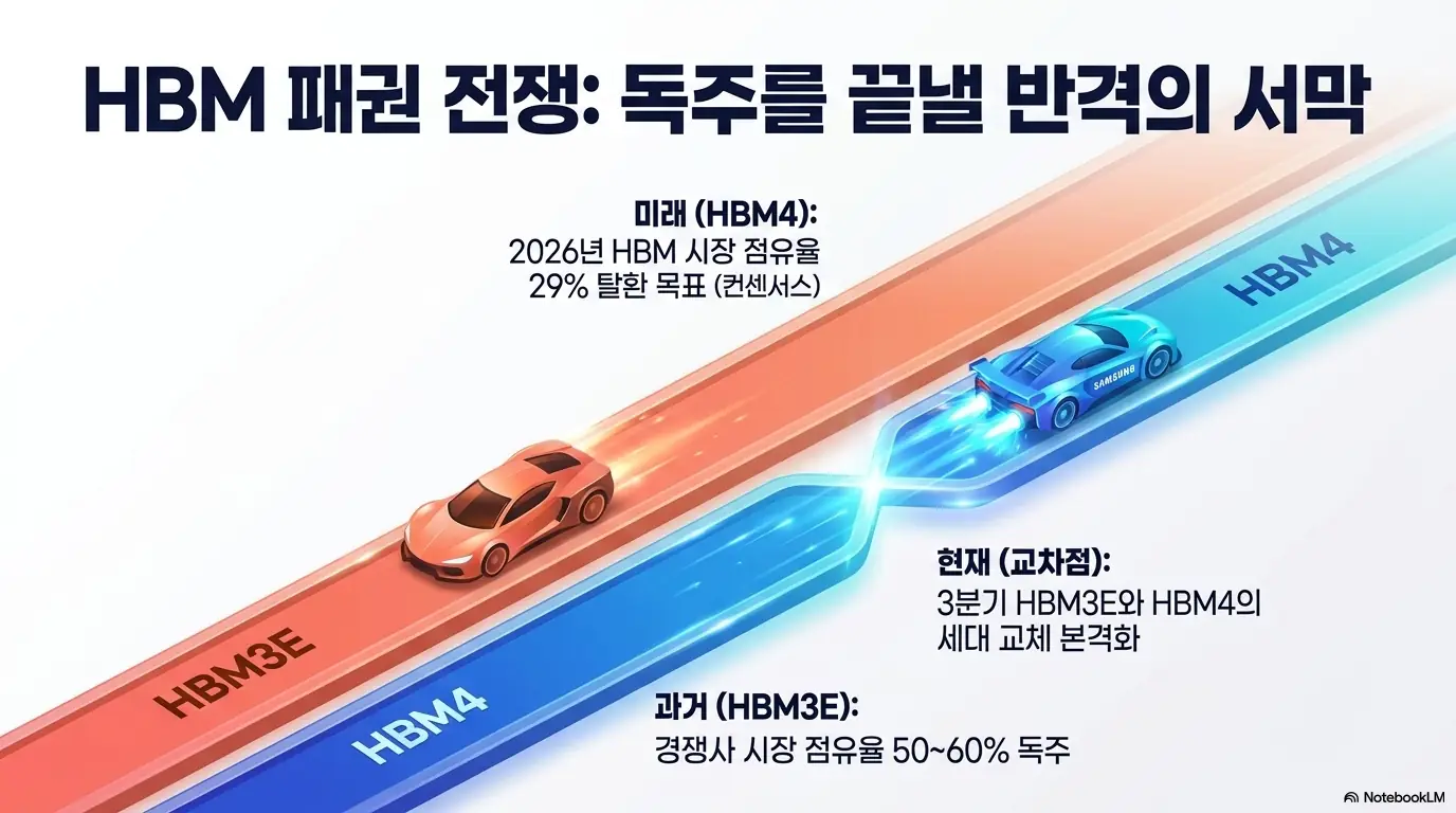 삼성전자 주가 전망: 과거 HBM3E에서 경쟁사가 점유율 50~60%로 독주했으나 삼성전자가 HBM4로 2026년 점유율 29% 탈환을 목표하며 3분기 세대 교체로 추격하는 구도를 레이싱 트랙으로 표현한 이미지. HBM 패권 전쟁의 반격 국면을 시각적으로 전달하며&amp;#44; 삼성전자 주가 전망과 HBM4 점유율 주제를 설명함 