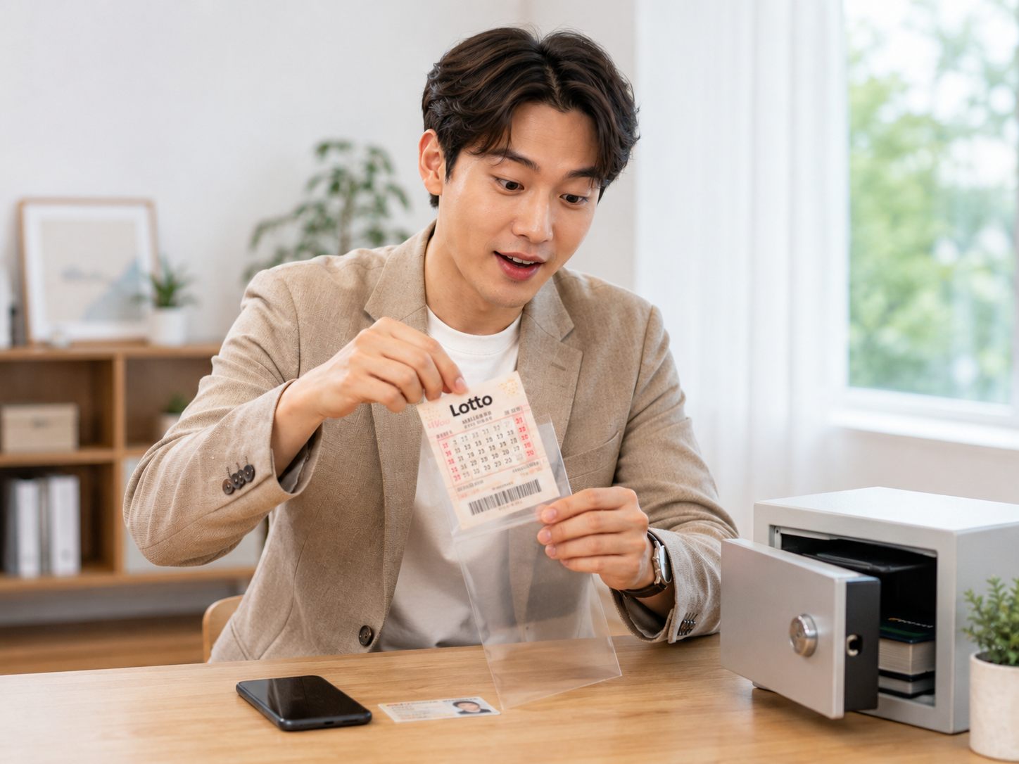 로또 1등 당첨복권을 투명 파일에 넣어 안전하게 보관하는 모습