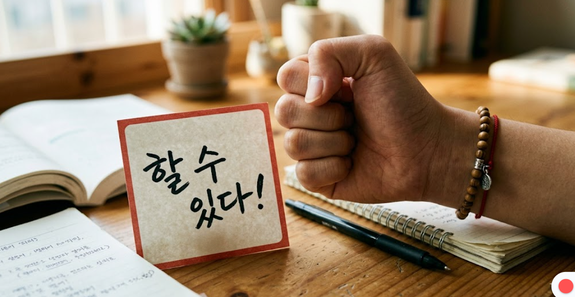 '할 수 있다!'라고 적힌 메모지와 함께 화이팅 포즈를 취하고 있는 수험생