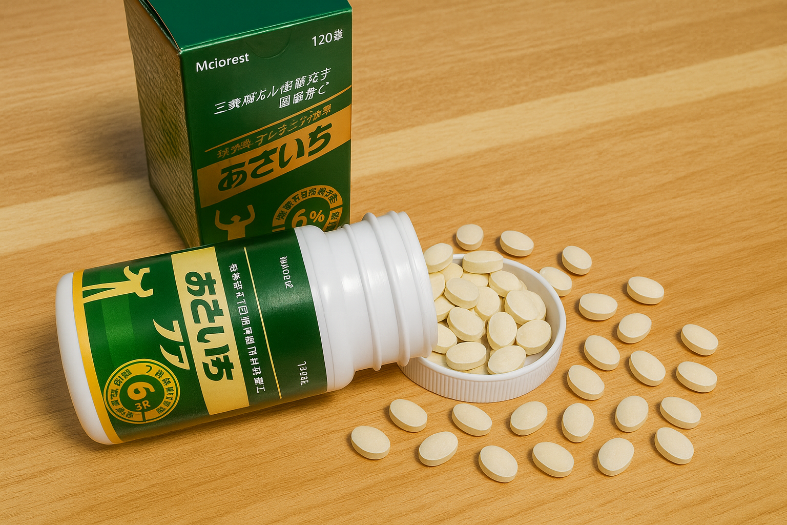 아사이치케아-알약이-마루바닥에-흩어져-있습니다.