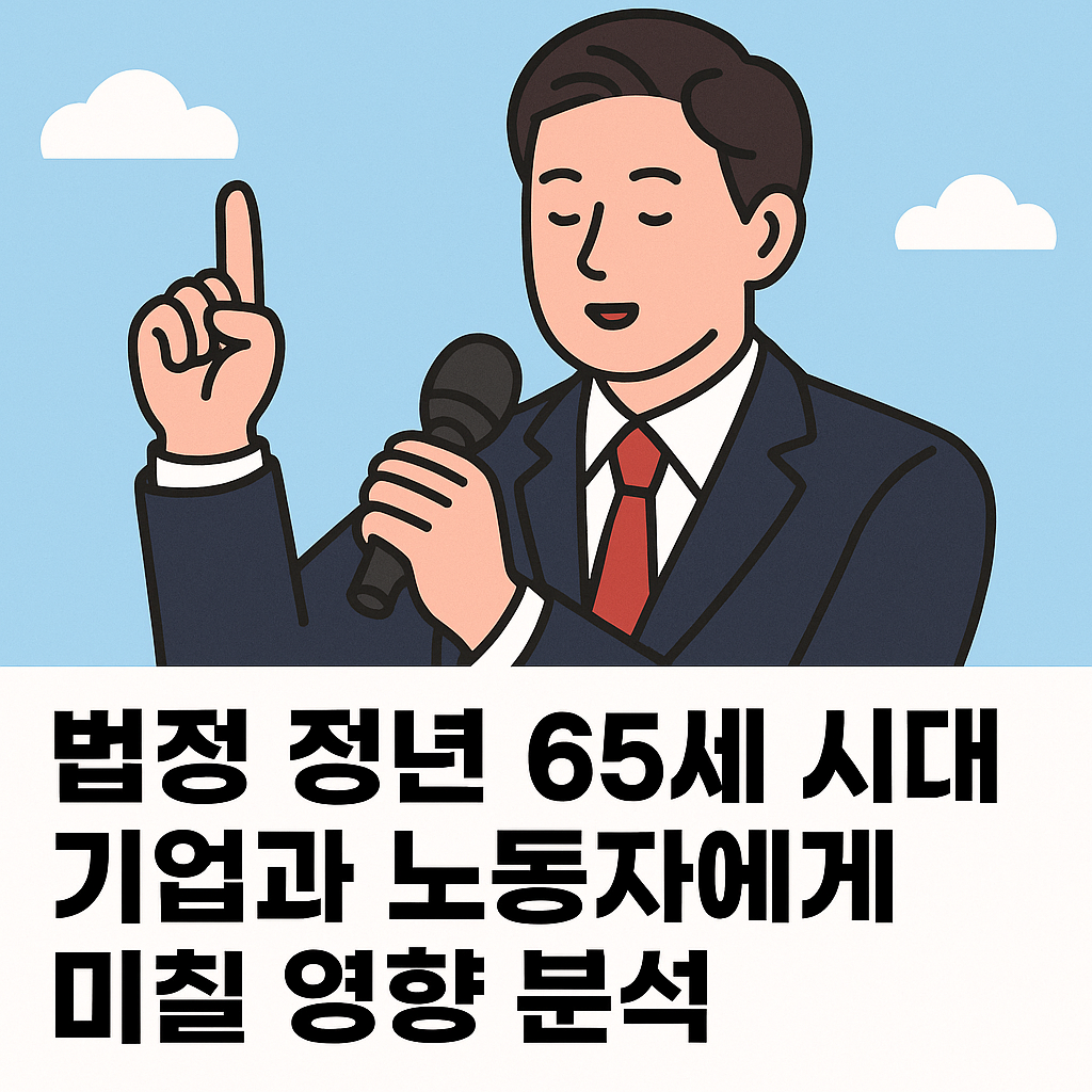 정년연장 65세 시대를 주제로 한 썸네일, 마이크를 든 직장인 일러스트와 함께 &lsquo;법정 정년 65세 시대 기업과 노동자에게 미칠 영향 분석&rsquo; 텍스트가 포함된 정보형 이미지