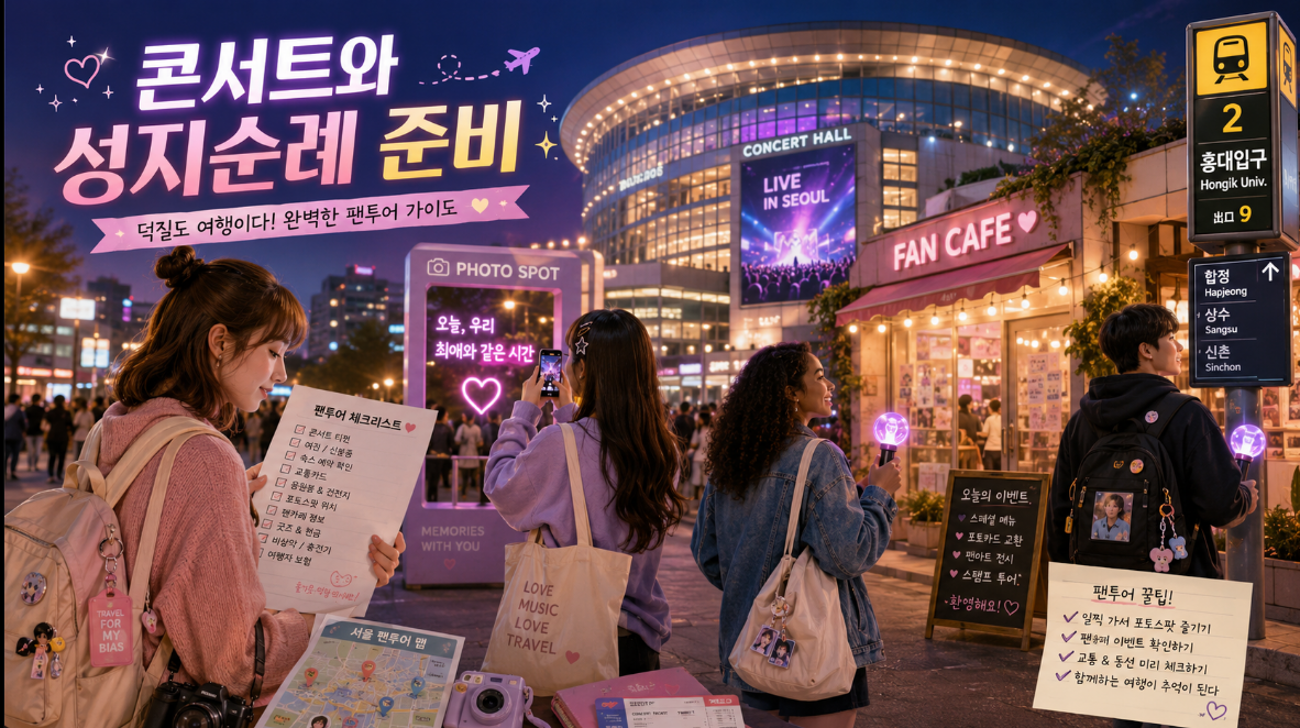 K-팝 콘서트와 성지순례 여행을 준비하는 팬들의 체크리스트 이미지