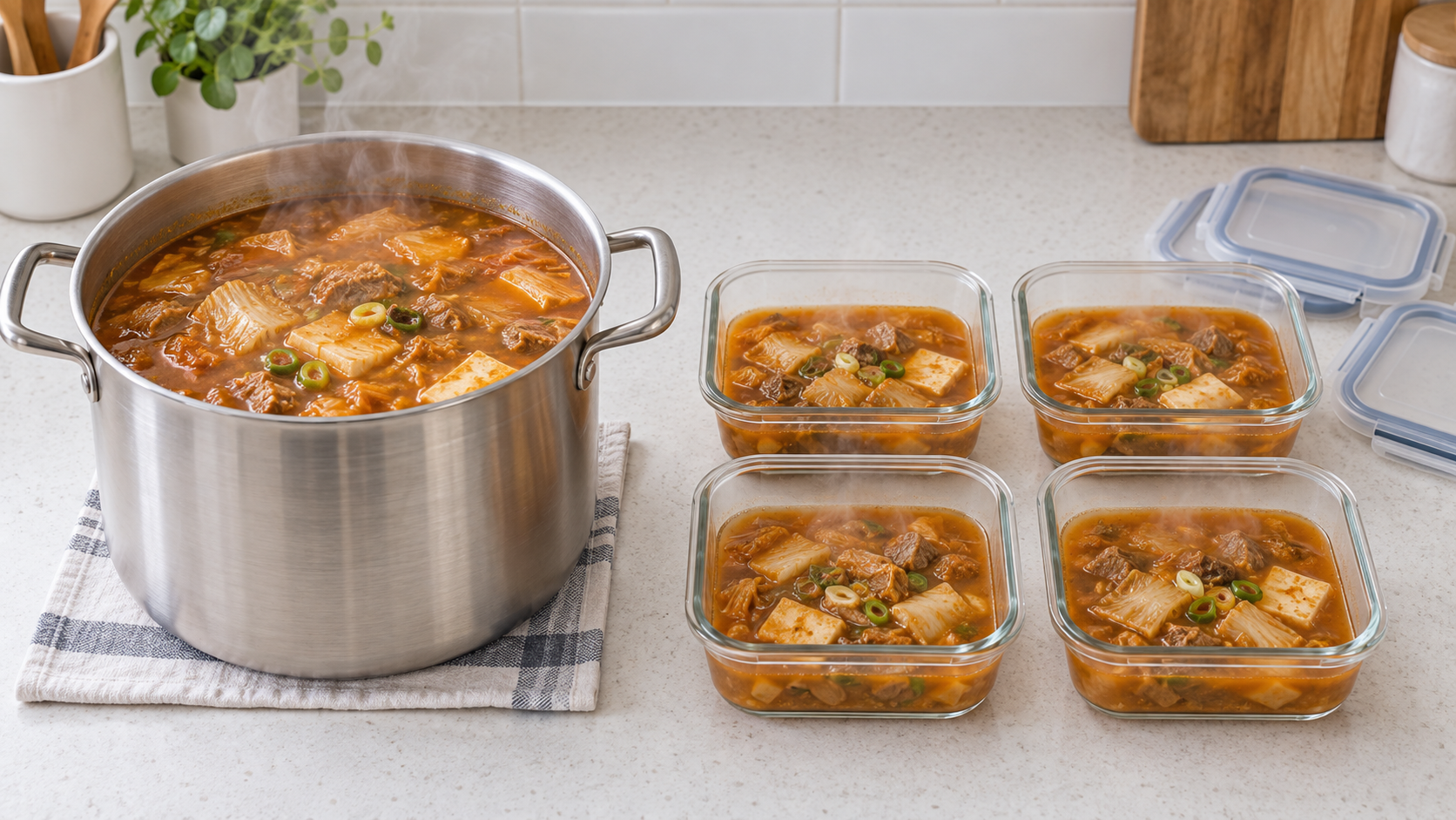 큰 냄비의 뜨거운 찌개를 여러 개의 넓고 얕은 용기에 나눈 비교 모습