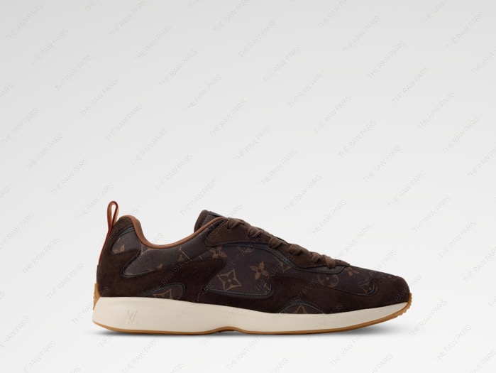 Side profile view of Louis Vuitton LV Drop 300 sneaker in brown suede and Silk Tech monogram fabric⁠