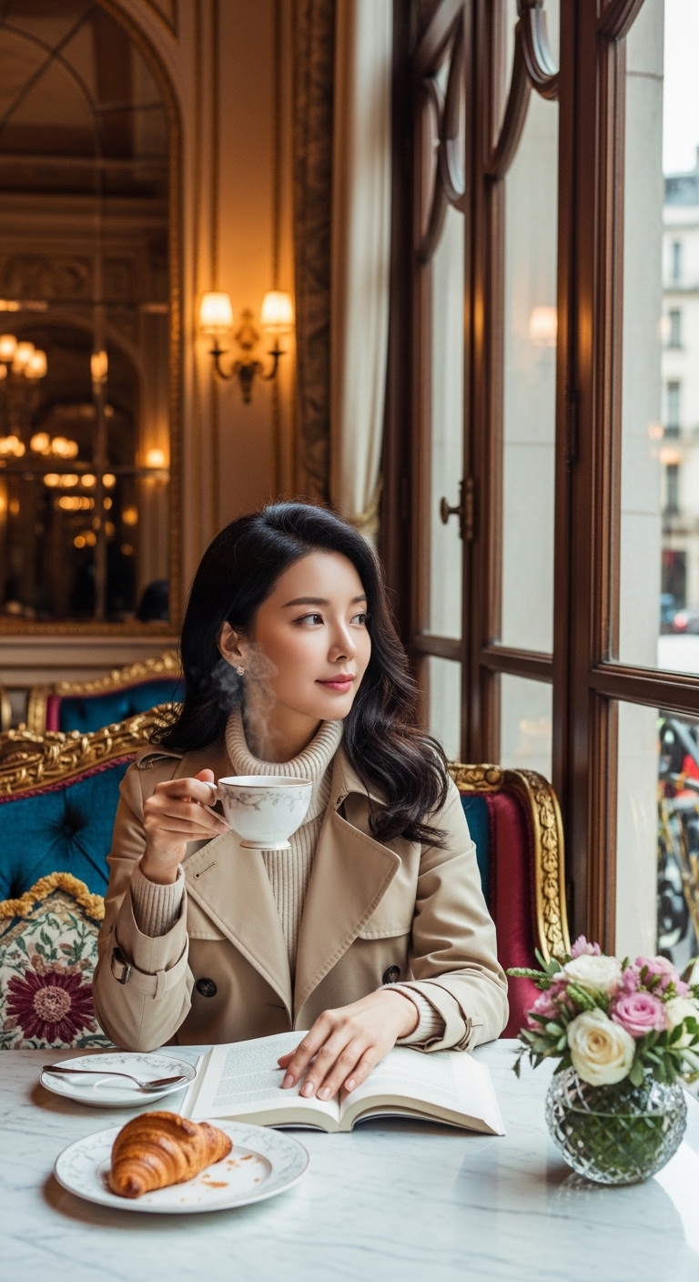 고급스러운 카페에 앉아 있는 여성이 클래식한 베이지 트렌치코트를 입고 있는 모습