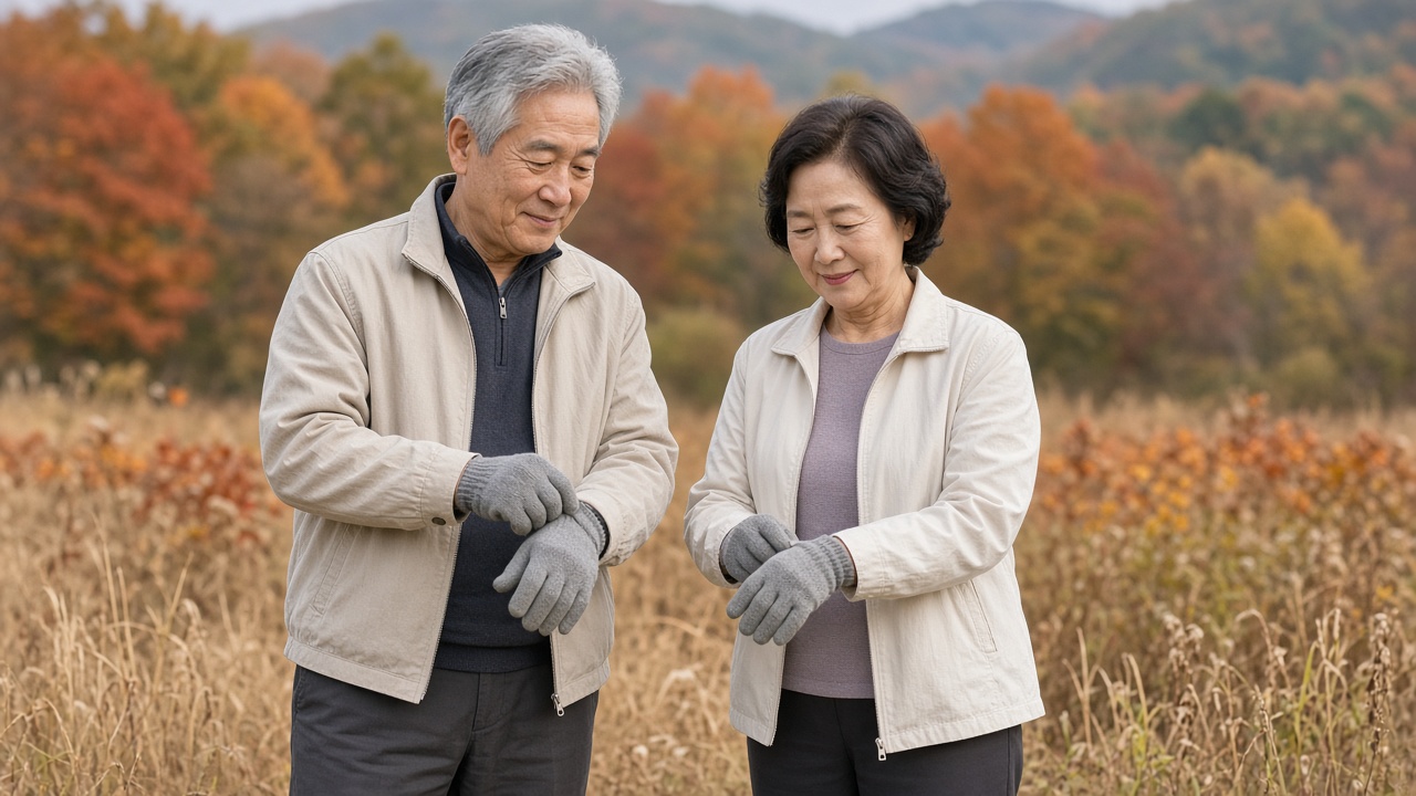 가을 들판 산책 전 긴소매와 장갑을 착용하는 60대 한국인 부부