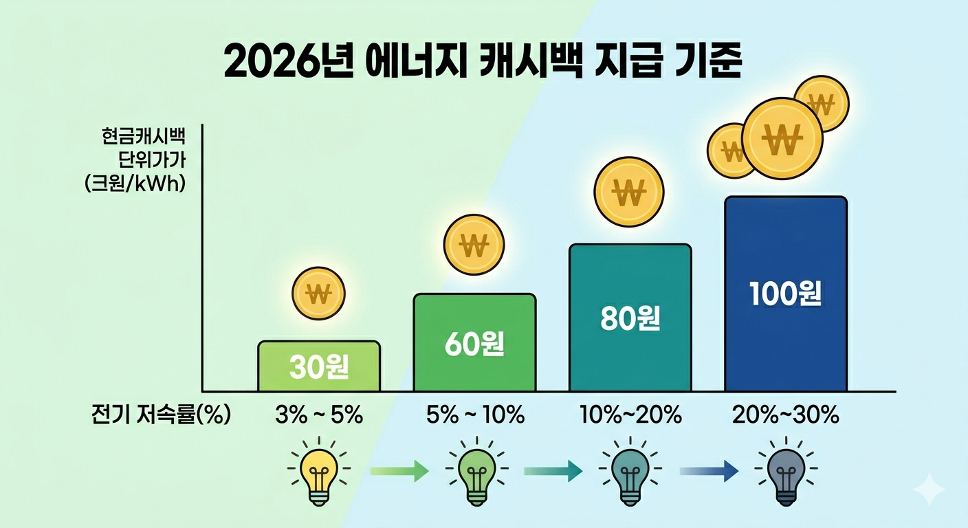 2026년 에너지 캐시백 지급 기준 차트, 전기 저축률 3%에서 30%까지 단계별 단가 안내, kWh당 지급 구간 설명
