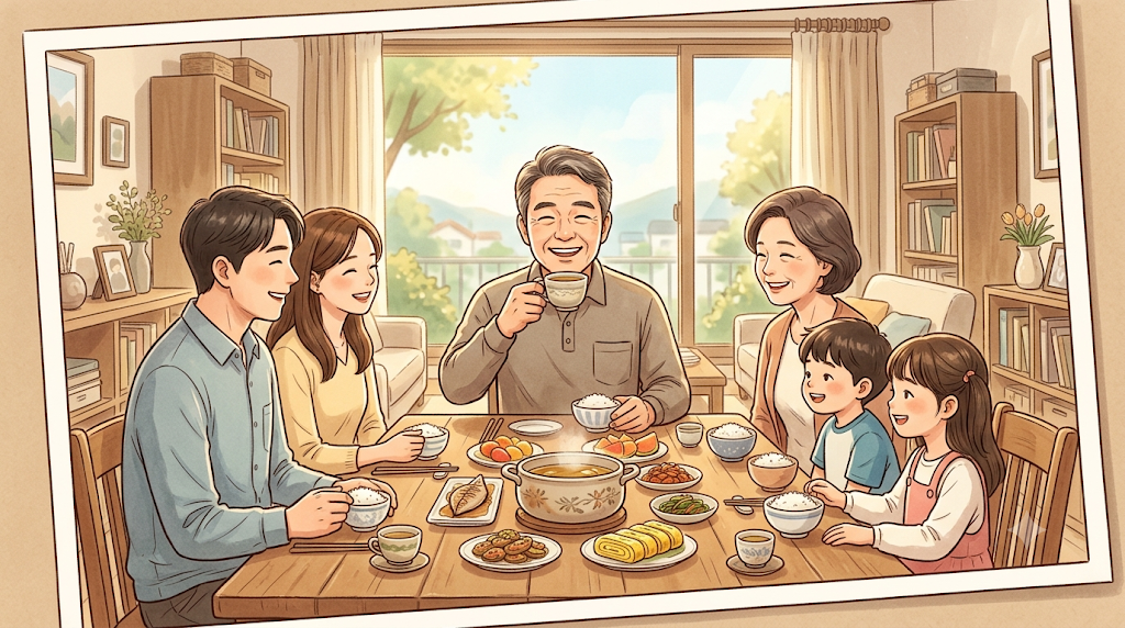 주말 아침 식탁에서 가족과 웃으며 차를 마시는 50대 가장