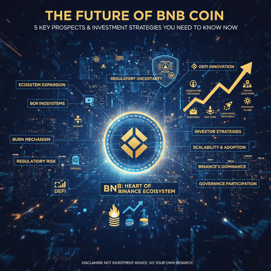 BNB 코인의 미래 전망과 5가지 투자 전략을 요약한 인포그래픽. 생태계 확장, 규제, 소각, DeFi 혁신 등을 다룹니다.