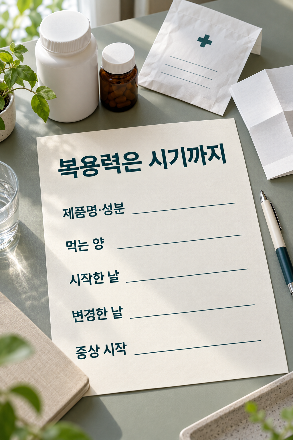 제품명&middot;성분&middot;먹는 양&middot;시작한 날&middot;변경한 날&middot;증상 시작을 적을 빈 기록지와 무지 용기&middot;약 봉투