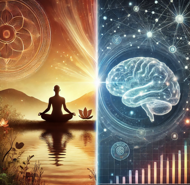 화면을 좌우로 나눠 한쪽에는 명상을 상징하는 따뜻하고 자연적인 장면: 연못 옆에 명상하는 사람, 흐르는 기운, 집중력과 내적 통찰을 상징하는 부드러운 빛. 반대쪽에는 뇌과학을 상징하는 장면: 디지털 느낌의 뇌 이미지, 신경회로가 정교하게 연결되고 활성화되는 모습, 데이터와 분석 그래프가 배경에 흐름. 두 장면은 중앙에서 자연스럽게 이어지며, 공통 주제인 ‘집중력’과 ‘내적 통찰’, ‘신경회로’가 서로 다른 방식으로 표현됨