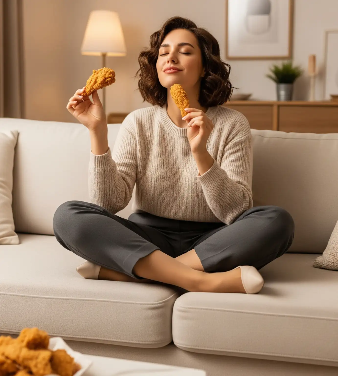 집에서 처치스 치킨을 먹으며 행복한 표정을 짓고 있는 한국인