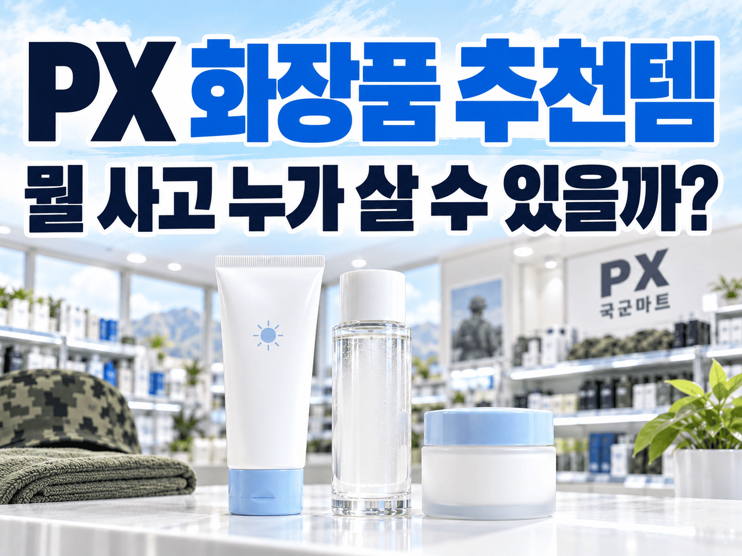 선크림과 에센스, 크림이 놓인 군마트형 화장품 매대에서 PX 추천템을 고르는 장면