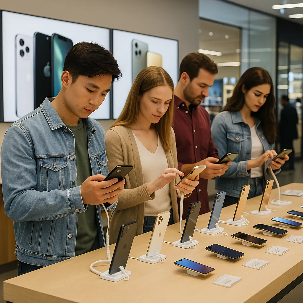 스마트폰 매장에서 다양한 기종을 살펴보는 고객들 모습