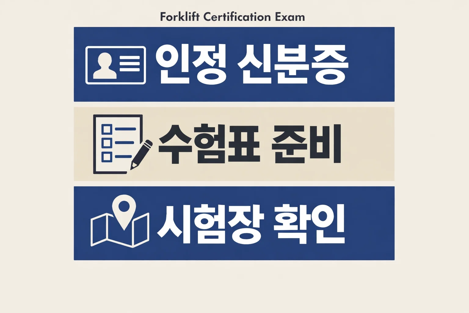 지게차운전기능사 필기시험 준비물을 챙길 때 인정 신분증과 수험표 준비, 시험장 위치 확인 순서를 먼저 점검하도록 정리한 체크리스트 이미지