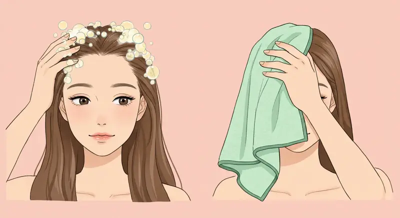 두피 건강을 위해 올바른 샴푸와 수건으로 머리 말리는 과정 일러스트