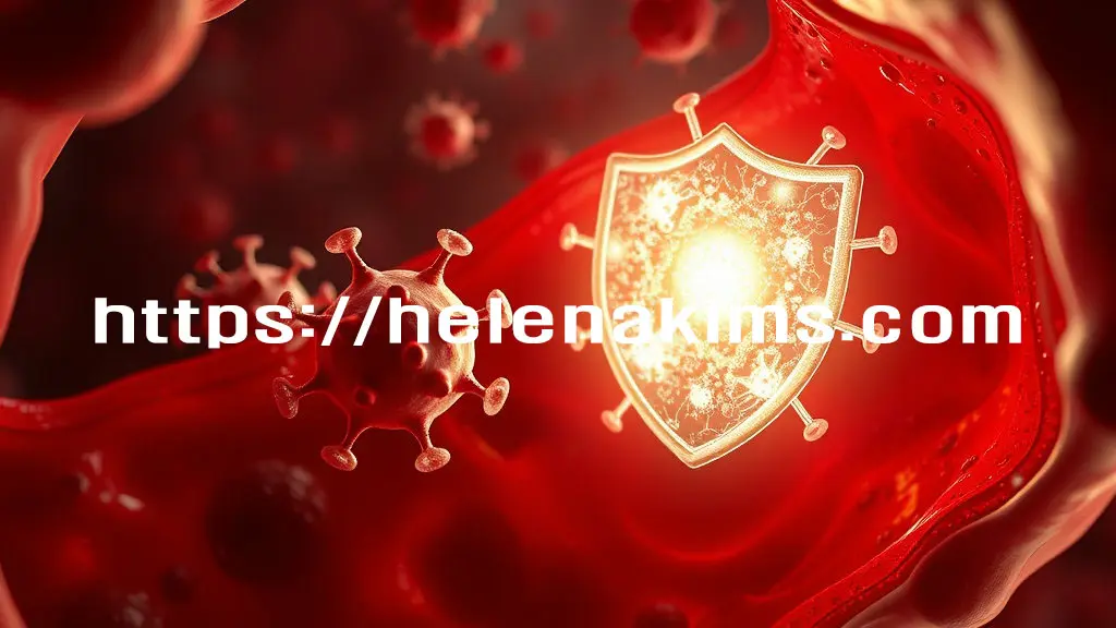 혈액 속에서 알부민 분자들이 방패로 표현 되어 불순물을 막아내는 모습.