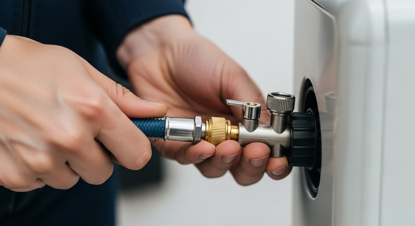 가스 기기에 호스를 연결하는 손