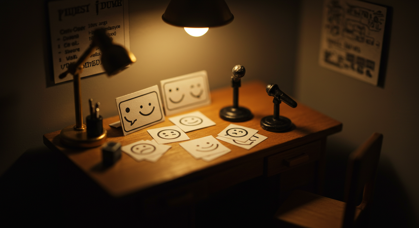 틸트쉬프트로 촬영한 미니어처 유머 실험 장면: 작은 대사 카드와 미니 마이크, 스마일 아이콘이 책상 위에 놓인 모습