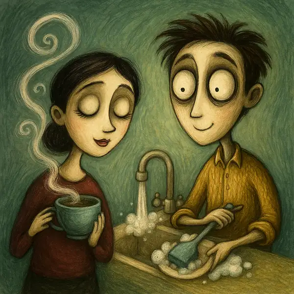 일상 속 마음챙김을 실천하는 장면으로, 한 사람은 차를 음미하며 감각에 집중하고 다른 한 사람은 설거지에 몰입하는 모습을 팀 버튼풍 감성으로 표현한 일러스트