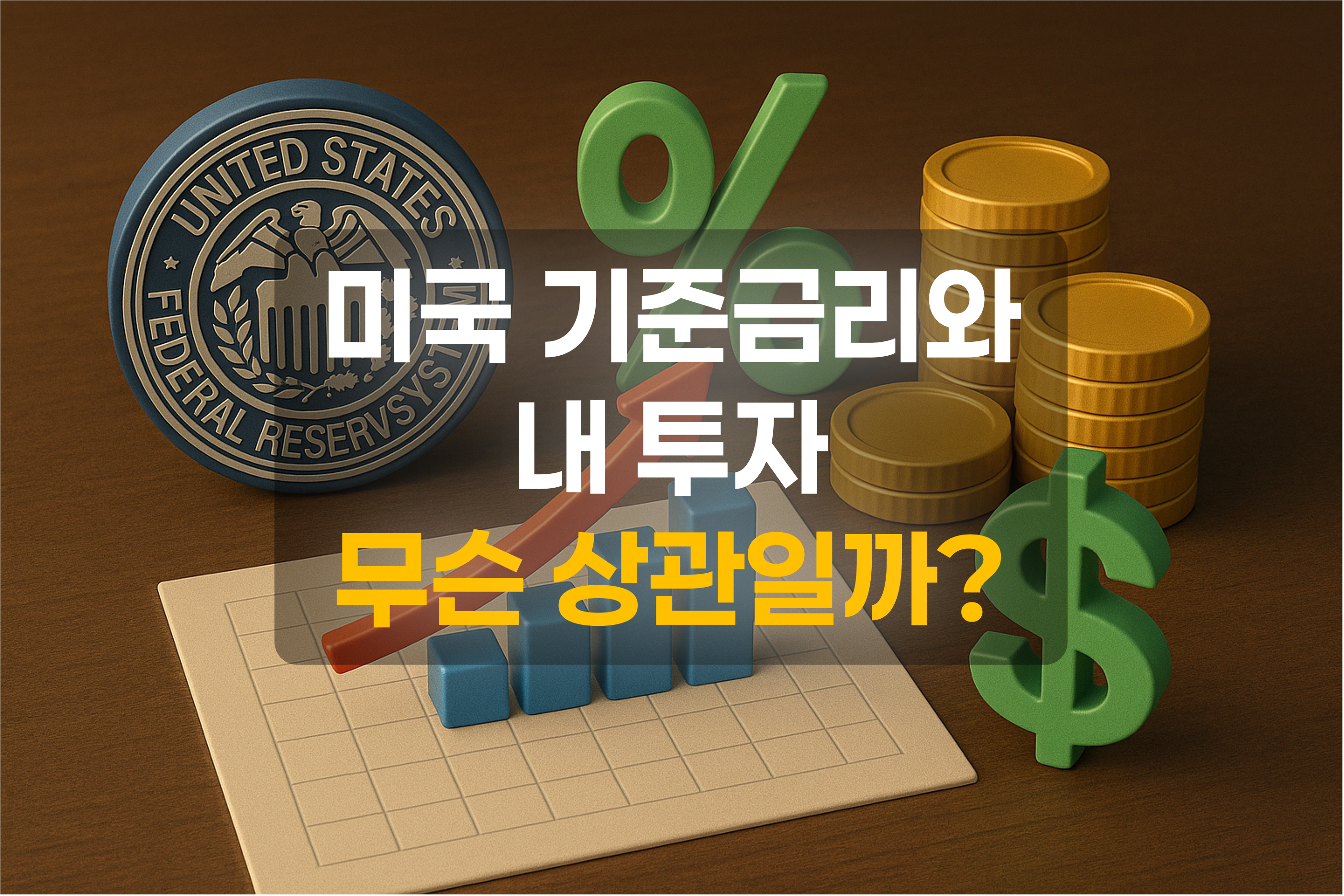 미국 기준금리를 연상하는 FED 마크, 화폐, 달러표시, 퍼센티지 마크를 표현한 그림과 이를 설명하는 텍스트를 포함한 그림