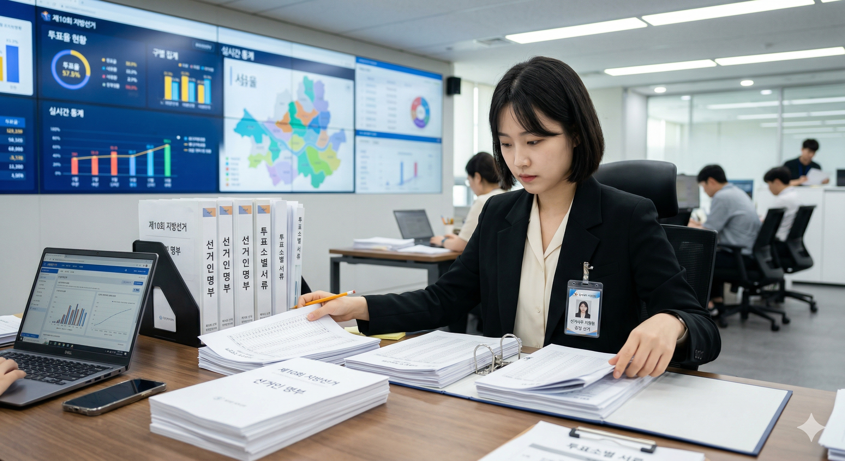 선거관리위원회 사무실에서 차분하게 선거 관련 서류와 선거인 명부를 정리하는 사무보조원의 모습. 전문적이고 신뢰감 있는 분위기의 사무실 전경과 행정 업무의 꼼꼼함을 강조한 고해상도 사진