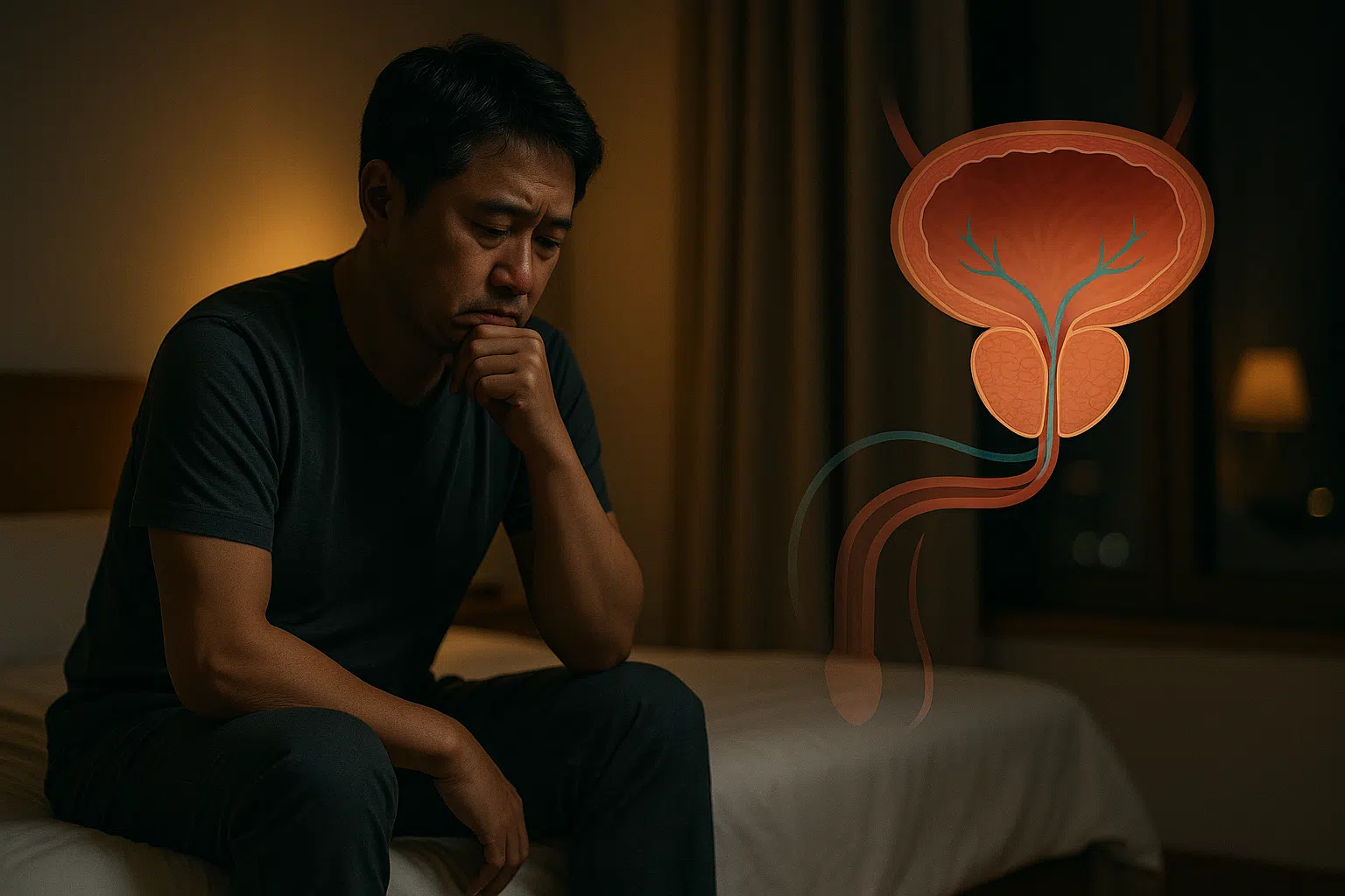 침대 가장자리에 앉아 고민하는 중년 남성, 어두운 조명, 전립선과 성 기능 연관성을 보여주는 의학 다이어그램 반투명 오버레이