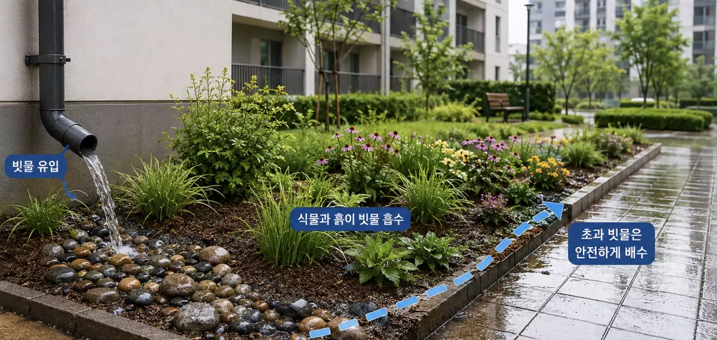 Apartment rain garden collecting rainwater from a downspout and allowing it to soak into soil and plants through a gravel drainage area.