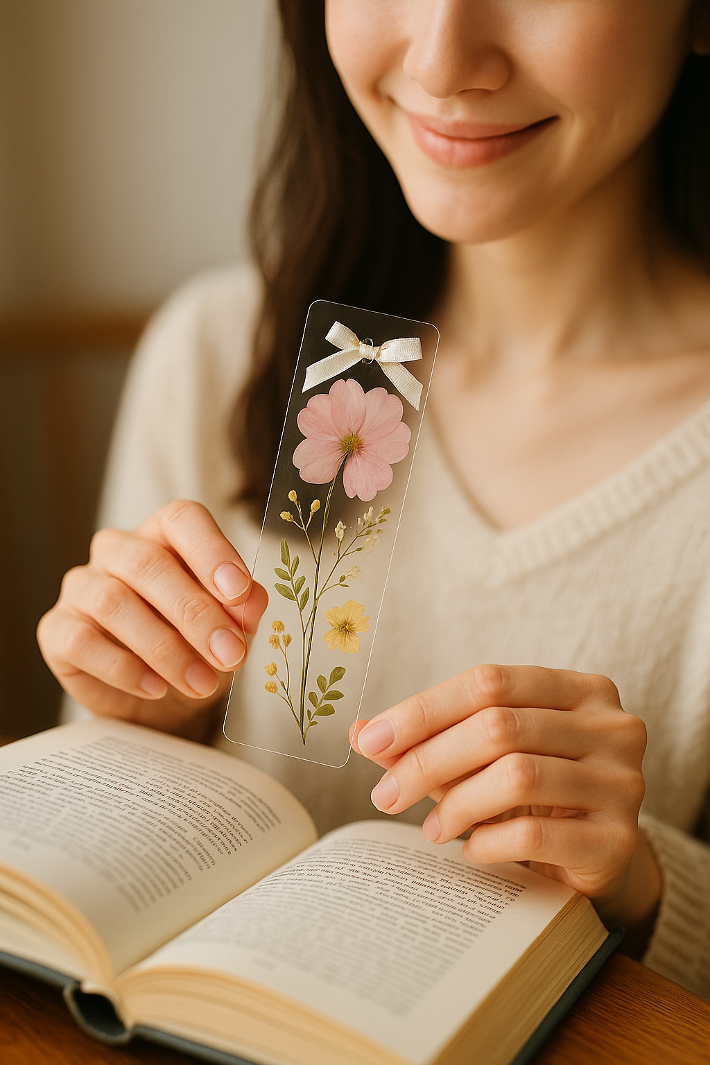 An emotional moment of a woman placing a transparent bookmark filled with pressed flower petals between the pages of a book